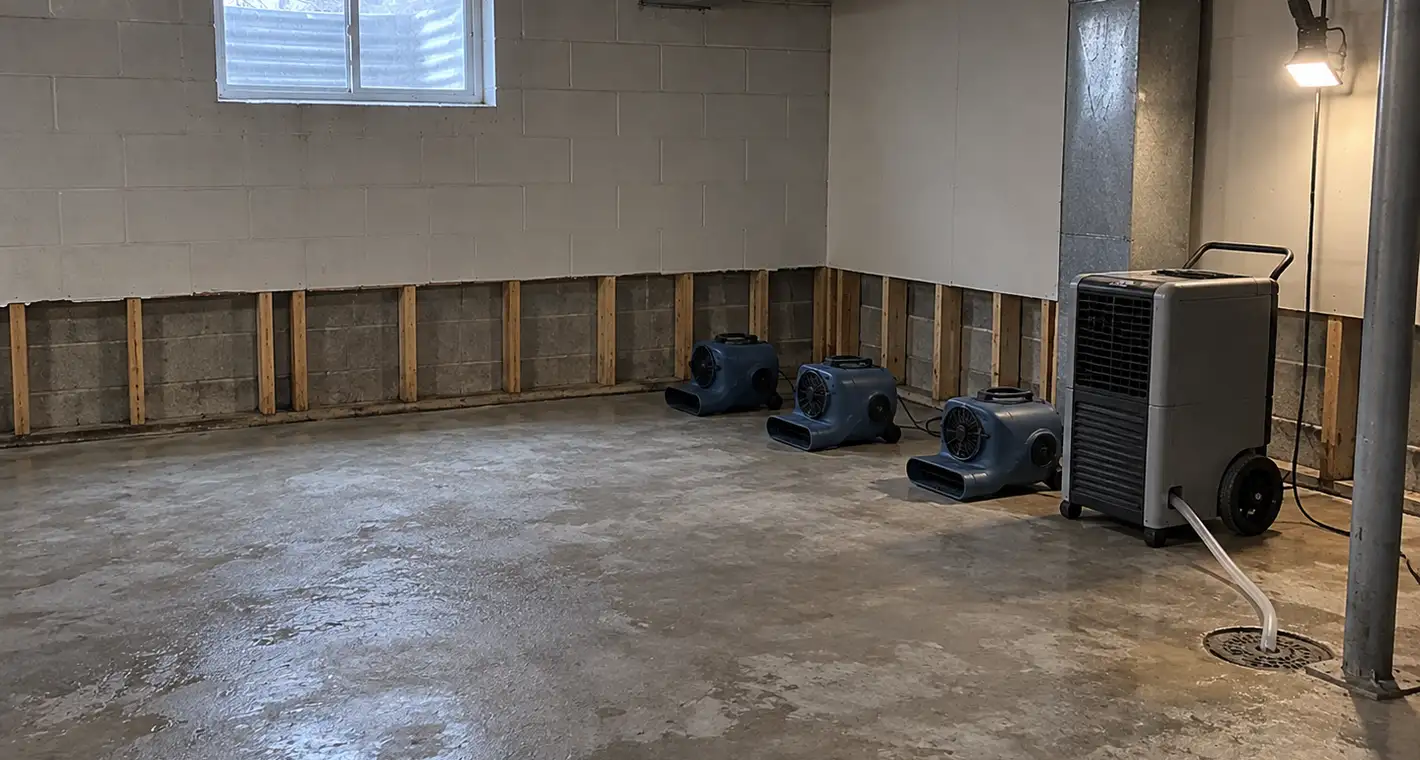 Air movers and a dehumidifier running in a basement where the bottom of the drywall has been cut away