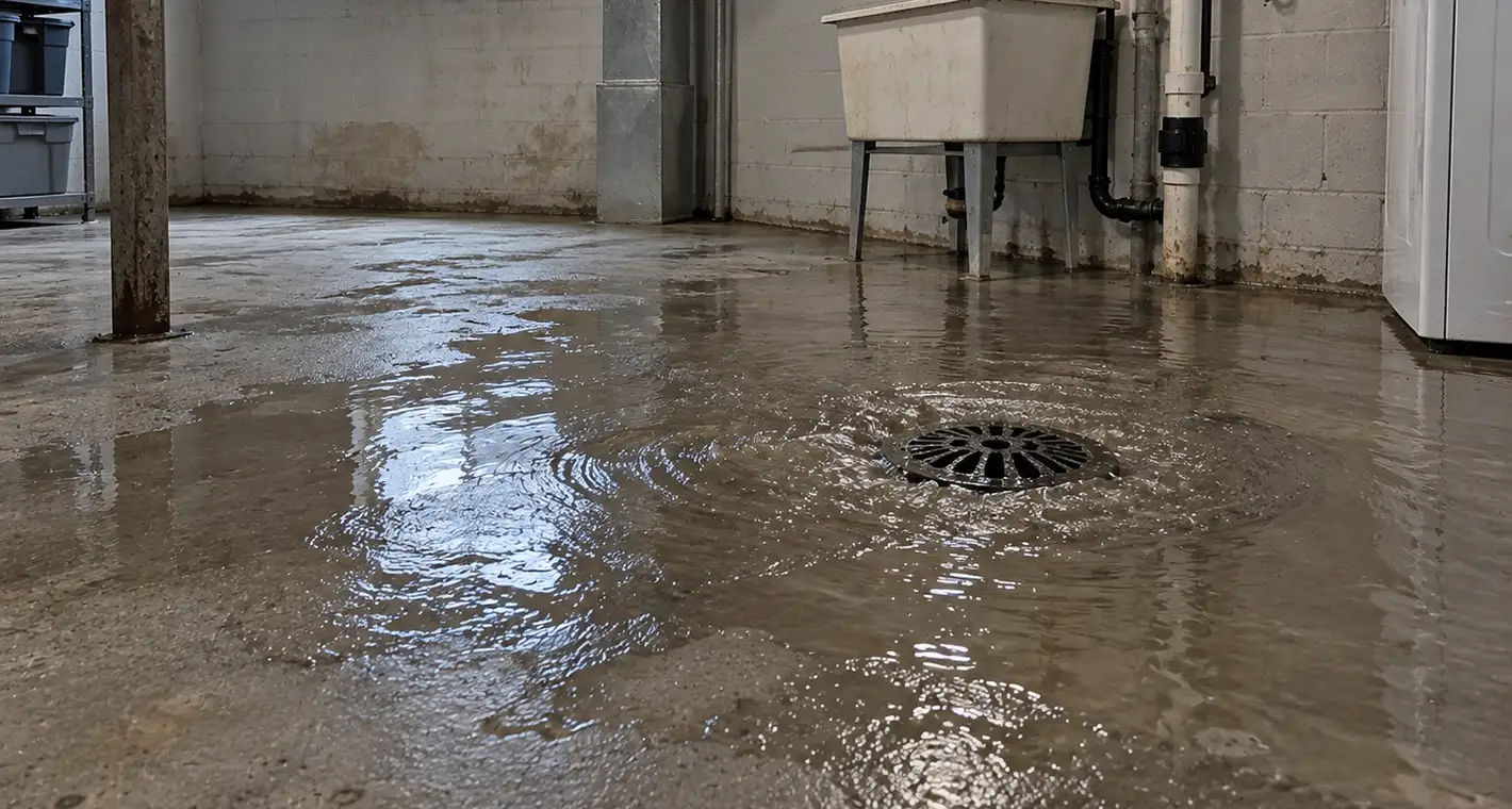 Water backing up out of a basement floor drain and spreading across bare concrete
