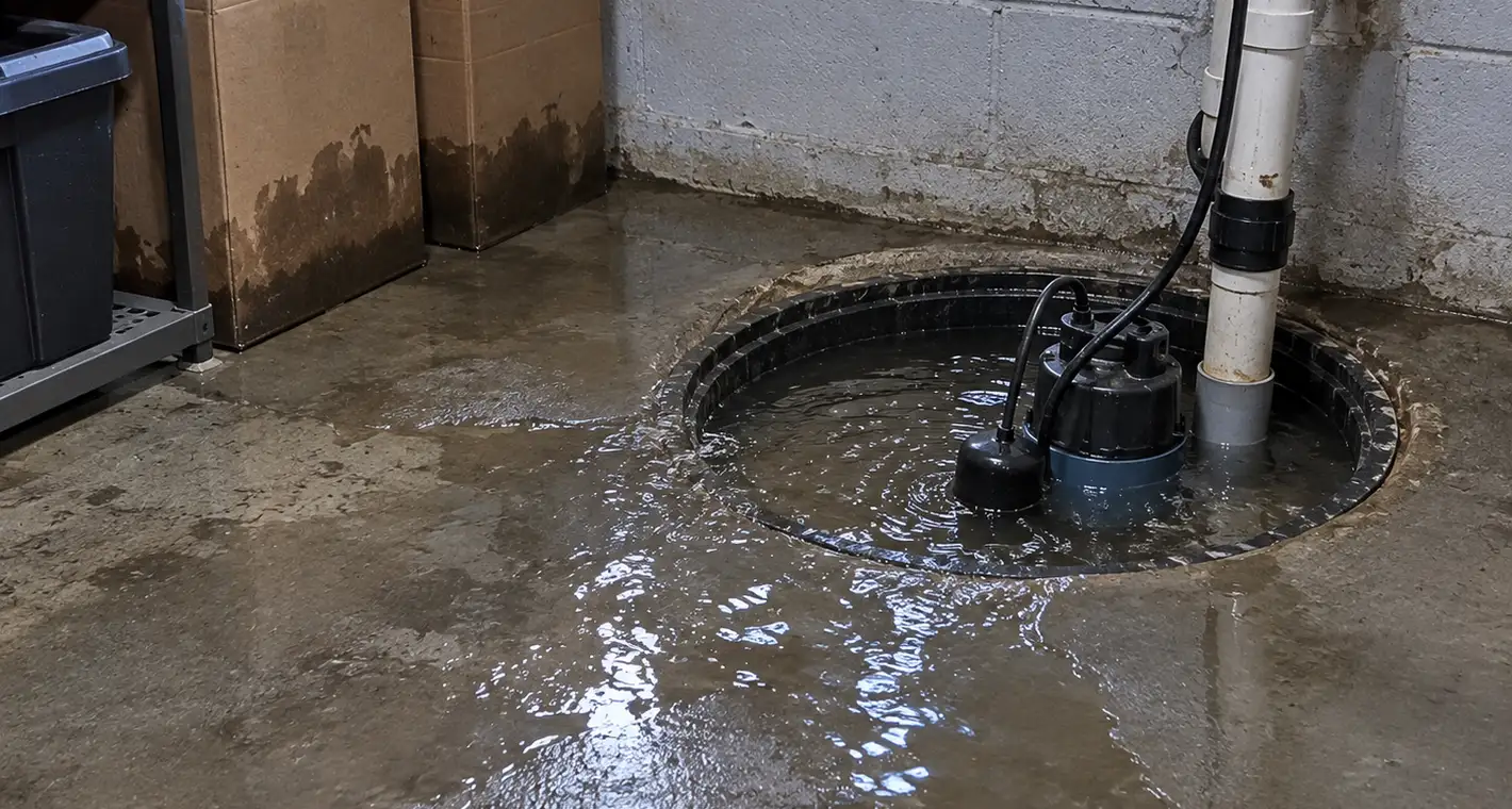 Water risen over the rim of a sump pit and spreading across a basement floor