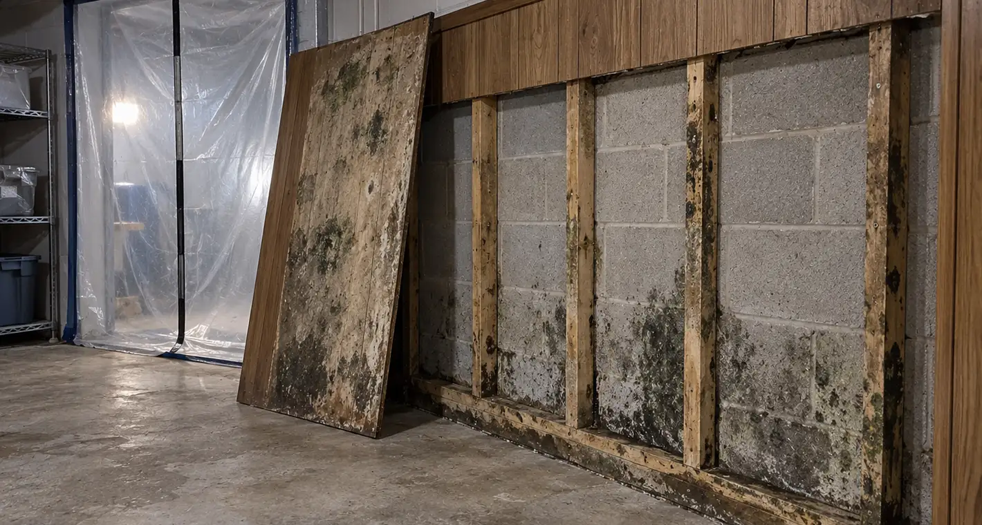Basement paneling pulled away from a block wall, showing mold on its back face, with containment sheeting behind